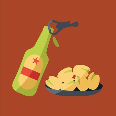 Bir çizgi film izole edilmiş bira şişesi açacağı modern bir bira açar. Pistachios 'un tabağında olduğu düz dizayn edilmiş basit, temiz bir bira. Erkekler ve futbol reklamları 