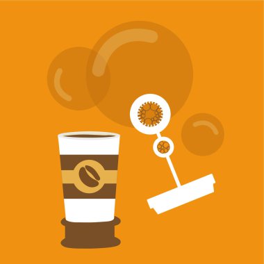 Blower sabun köpüğü konsepti, kapak sanatı gibi. kahverengi aroma arkaplan sanatı. Havadaki enerji. Gidecek bir kafe mi yoksa kahve dükkanı logosu fikri mi? karton bardak vektör illüstrasyon düz tasarım çizgi film yaratıcı