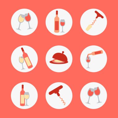 Modern kırmızı ve beyaz şarap şişesiyle izole edilmiş birçok basit temiz ikon çizgi film tatil için bir daire içinde bir bardak şarapla. Şarapçılık uygulaması veya web sitesi düz tasarım biçimi için yuvarlak daire düğmesi 