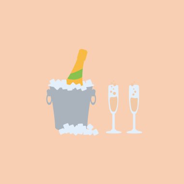 Bir kova buzlu şampanya şişesi ve iki bardak düz dizayn tarzında şampanya ikonu vektörü kutlama & yıldönümü için modern & temiz