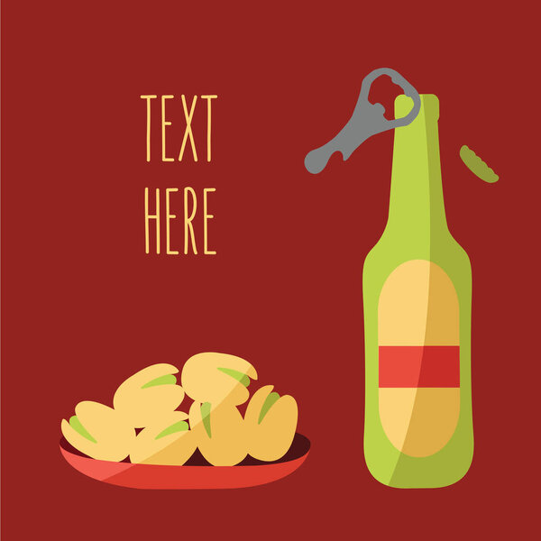 Прохладный мультфильм "Пивной базар" и современное пиво "Открытый". простой чистый плоский дизайн фона с иконкой Фисташки на тарелке. реклама для мужчин & футбол & футбол с пространством и текстом здесь
