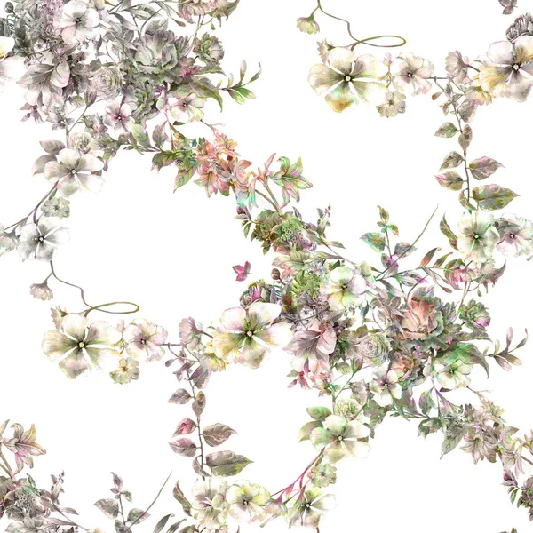 Υδατογραφία Των Φύλλων Και Των Λουλουδιών Αδιάλειπτη Μοτίβο Λευκό Φόντο — Φωτογραφία Αρχείου