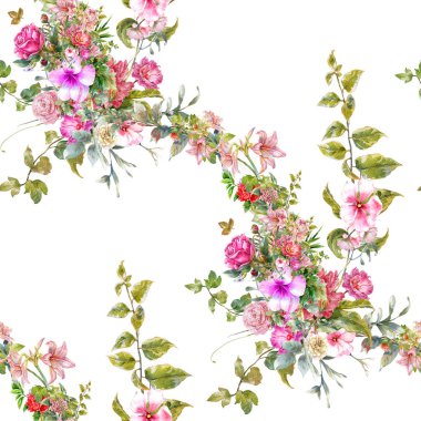 Yaprak ve çiçeklerin suluboya resmi, beyaz arkaplanda pürüzsüz desen