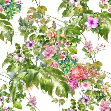 Yaprak ve çiçeklerin suluboya resmi, beyaz arkaplanda pürüzsüz desen