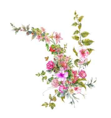 Beyaz arkaplanda yaprakların ve çiçeklerin suluboya resmi 