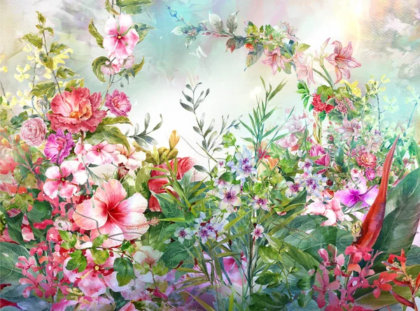 Pittura Astratta Fiori Colorati Acquerello Primavera Multicolore Natur — Foto Stock