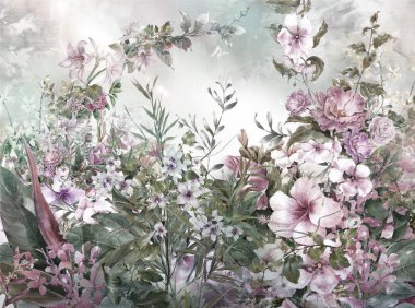 Soyut renkli çiçekler suluboya resim. Bahar çok renkli