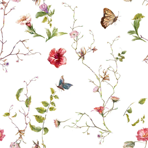 Yaprak ve çiçeklerin suluboya resmi, beyaz arkaplanda pürüzsüz desen