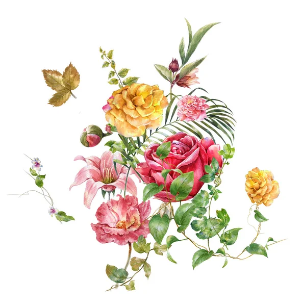 Akvarell Festés Levelek Virág Fehér Háttér — Stock Fotó