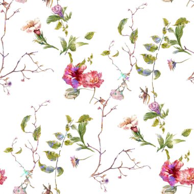 Yaprak ve çiçeklerin suluboya resmi, beyaz arkaplanda pürüzsüz desen