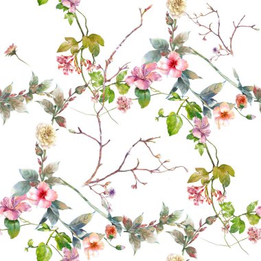 Yaprak ve çiçeklerin suluboya resmi, beyaz arkaplanda pürüzsüz desen