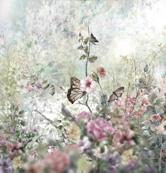 Streszczenie Kolorowe Kwiaty Akwarela Malarstwo Wiosna Wielobarwna — Zdjęcie stockowe