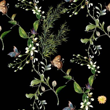 Yaprak ve çiçeklerin suluboya resmi, koyu arkaplanda pürüzsüz desen