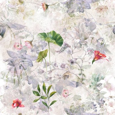 Yaprak ve çiçeklerin suluboya resmi, kusursuz desen