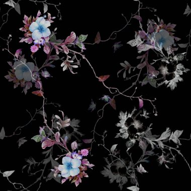 Yaprak ve çiçeklerin suluboya resmi, koyu arkaplanda pürüzsüz desen