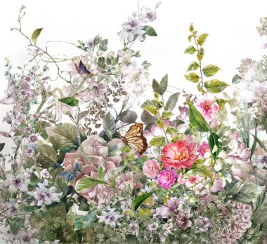 Soyut renkli çiçekler suluboya resim. Bahar çok renkli