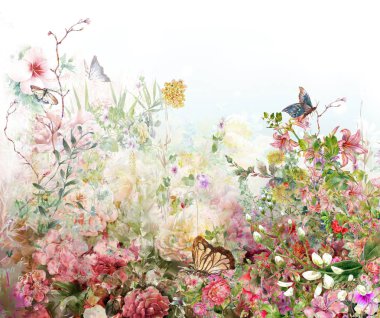 Soyut renkli çiçekler suluboya resim. Bahar çok renkli