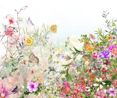 Soyut renkli çiçekler suluboya resim. Bahar çok renkli