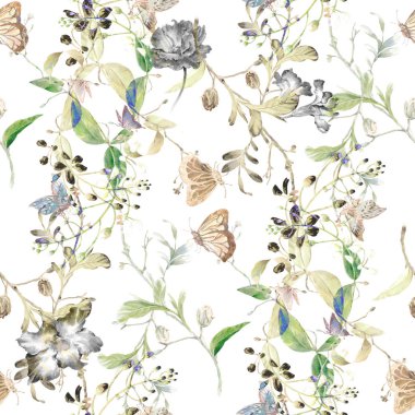 Yaprak ve çiçeklerin suluboya resmi, beyaz arkaplanda pürüzsüz desen