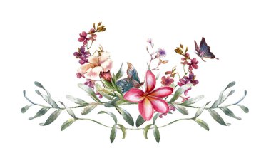 Beyaz arkaplanda yaprakların ve çiçeklerin suluboya resmi 