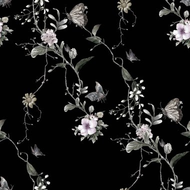 Yaprak ve çiçeklerin suluboya resmi, koyu arkaplanda pürüzsüz desen