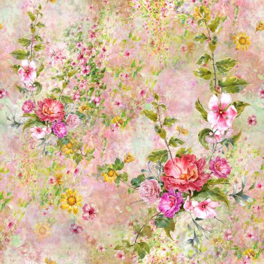 Yaprak ve çiçeklerin suluboya resmi, kusursuz desen