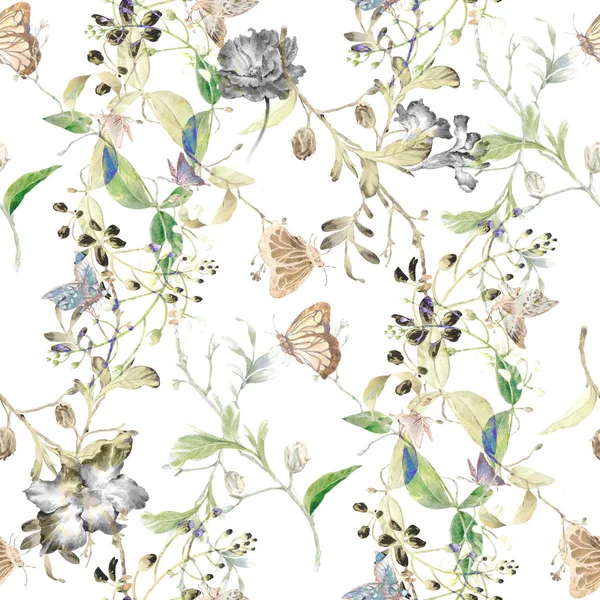 Yaprak ve çiçeklerin suluboya resmi, beyaz arkaplanda pürüzsüz desen