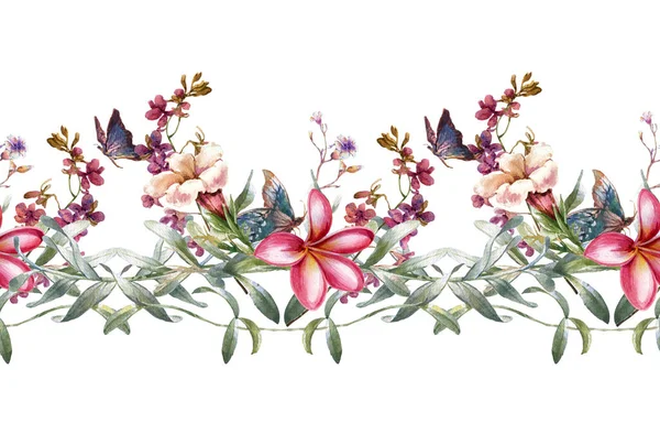 Yaprak ve çiçeklerin suluboya resmi, beyaz arkaplanda pürüzsüz desen