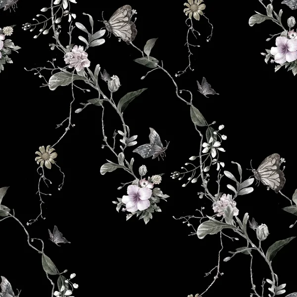 Yaprak ve çiçeklerin suluboya resmi, koyu arkaplanda pürüzsüz desen