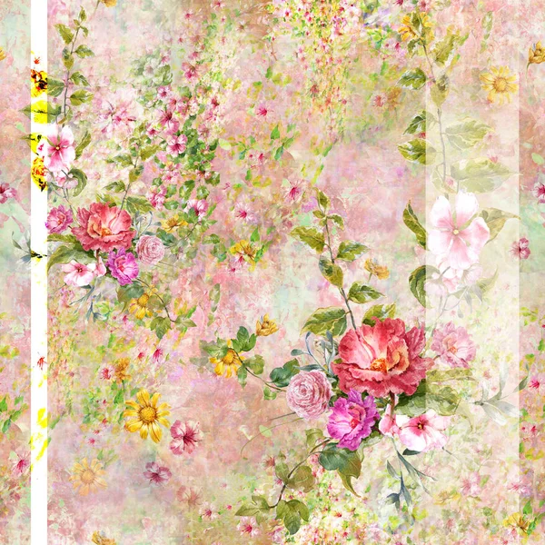 Akwarela Malowanie Liści Kwiatów Bezszwowy Wzór — Zdjęcie stockowe