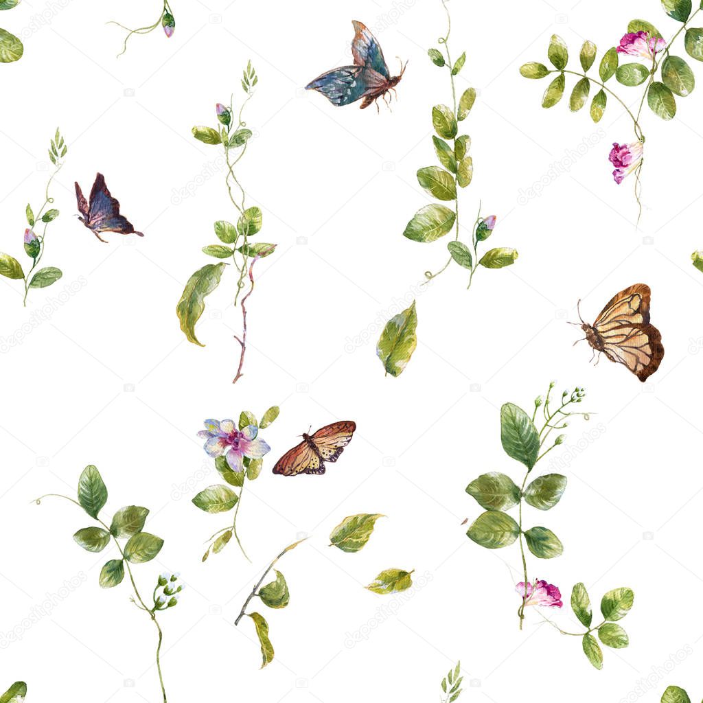 Watercolor painting of Butterfly and flowers, seamless pattern on white background