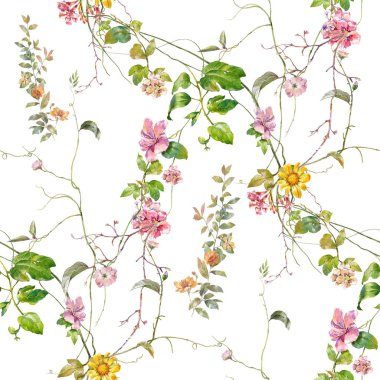 Yaprak ve çiçeklerin suluboya resmi, beyaz arkaplanda pürüzsüz desen