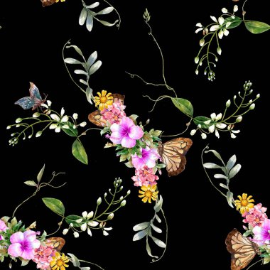 Yaprak ve çiçeklerin suluboya resmi, koyu arkaplanda pürüzsüz desen