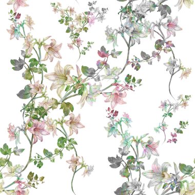Yaprak ve çiçeklerin suluboya resmi, beyaz arkaplanda pürüzsüz desen