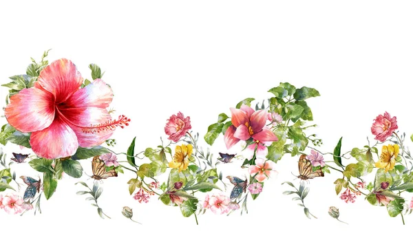 Aquarela Pintura Folha Flores Padrão Sem Costura Fundo Branco — Fotografia de Stock
