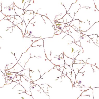 Yaprak ve çiçeklerin suluboya resmi, beyaz arkaplanda pürüzsüz desen