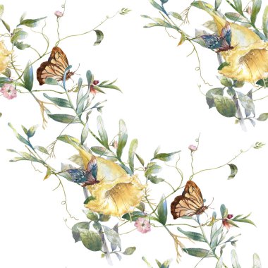 Yaprak ve çiçeklerin suluboya resmi, beyaz arkaplanda pürüzsüz desen