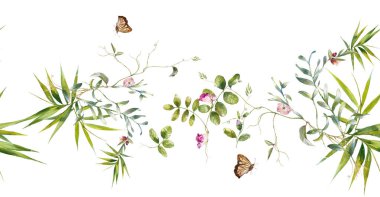 Yaprak ve çiçeklerin suluboya resmi, beyaz arkaplanda pürüzsüz desen