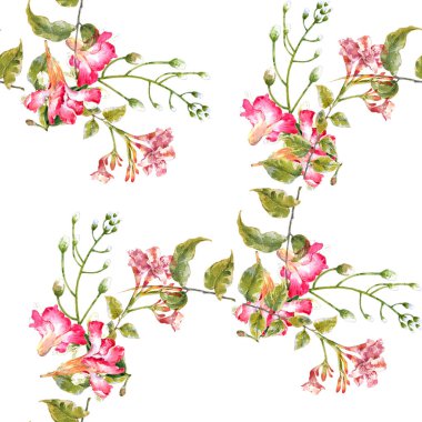 Yaprak ve çiçeklerin suluboya resmi, beyaz arkaplanda pürüzsüz desen