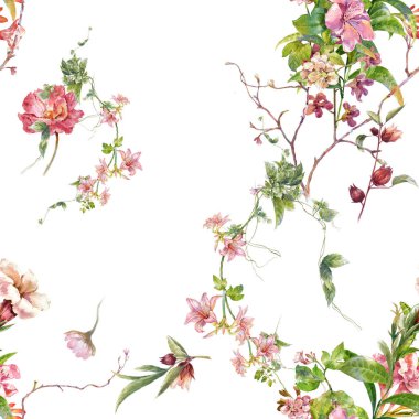 Yaprak ve çiçeklerin suluboya resmi, beyaz arkaplanda pürüzsüz desen