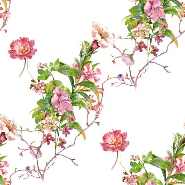 Yaprak ve çiçeklerin suluboya resmi, beyaz arkaplanda pürüzsüz desen