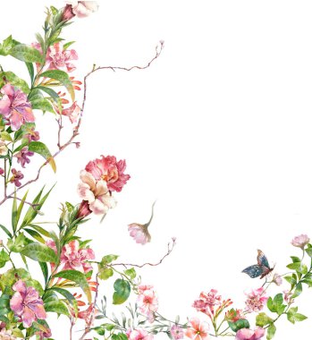 Beyaz arkaplanda yaprakların ve çiçeklerin suluboya resmi 