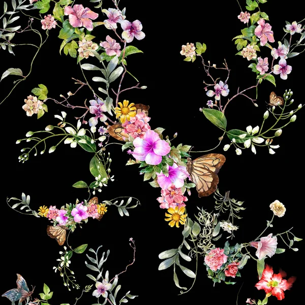 Akvarel Malba Listů Květin Bezešvé Vzor Tmavém Pozadí — Stock fotografie