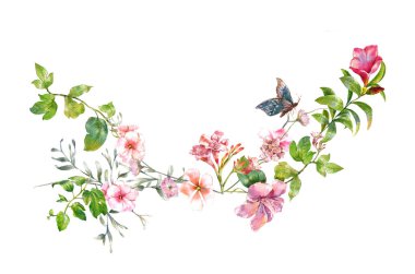 Beyaz arkaplanda yaprakların ve çiçeklerin suluboya resmi 