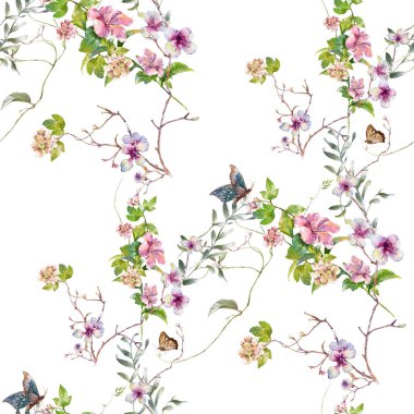 Yaprak ve çiçeklerin suluboya resmi, beyaz arkaplanda pürüzsüz desen