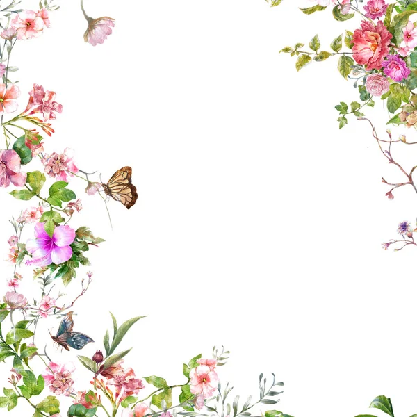 Aquarelle Peinture Feuilles Fleurs Papillon Sur Fond Blanc — Photo