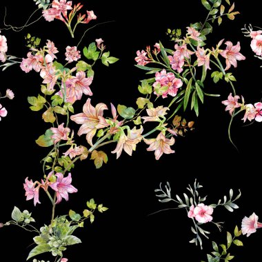 Yaprak ve çiçeklerin suluboya resmi, koyu arkaplanda pürüzsüz desen