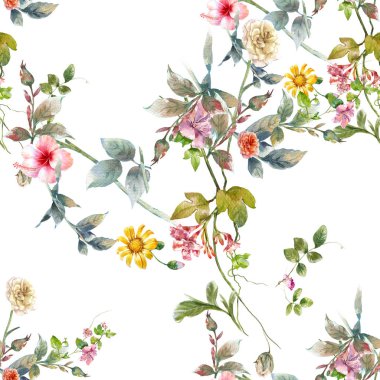Yaprak ve çiçeklerin suluboya resmi, beyaz arkaplanda pürüzsüz desen