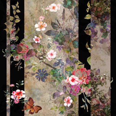 Yaprak ve çiçeklerin suluboya resmi, koyu arkaplanda pürüzsüz desen