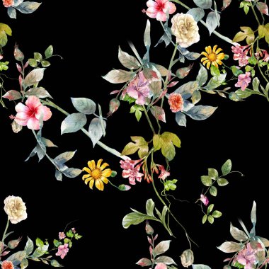 Yaprak ve çiçeklerin suluboya resmi, koyu arkaplanda pürüzsüz desen